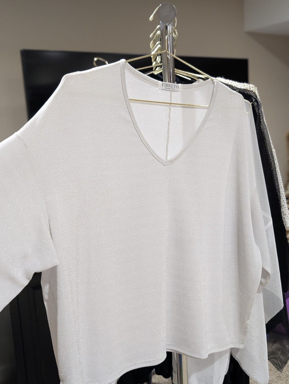 FIBRETO Shimmery V-Neck Top in White
